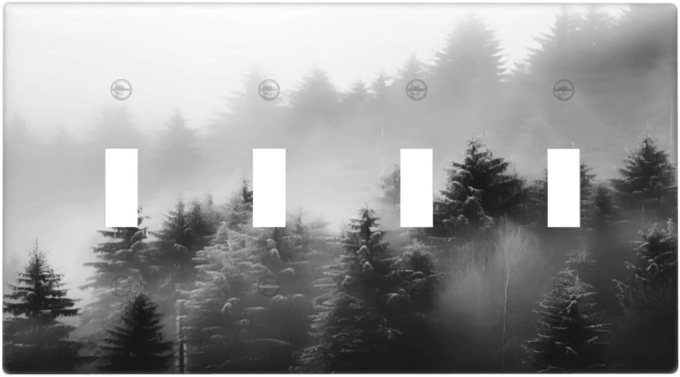 Foggy Forest Natural Scenery Retro Tree Pine Light Switch Covers Quad Toggle Electrical Faceplate 4 Gang Wall Plate Decorative Switch Plates for Bed Room Living Room Decor