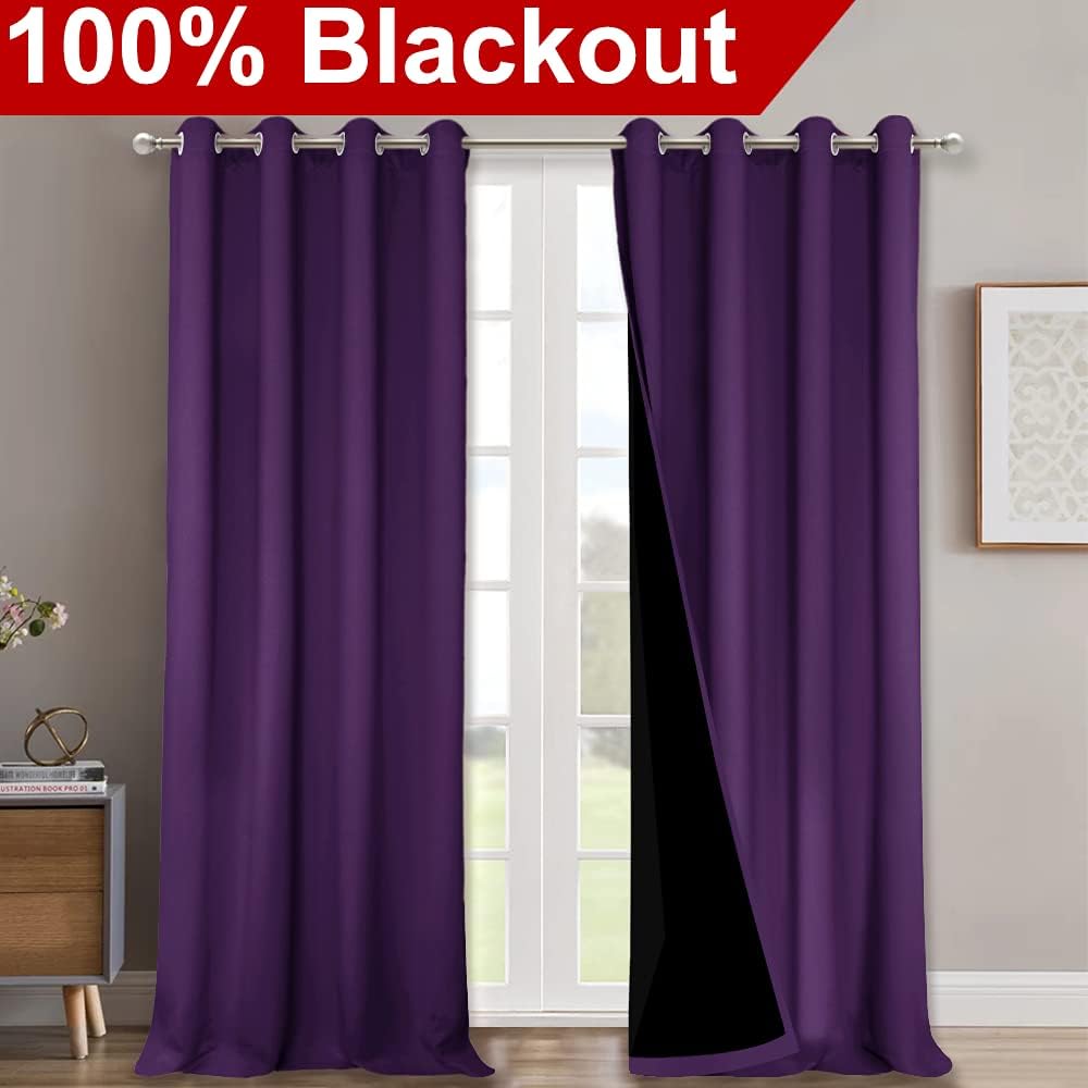 NICETOWN Truly Blackout Drapes for Living Room, Heavy-Duty Full Light Shading Curtain Set with Black Liner Backing for Villa/Hall/Dorm Window（Royal Purple, Package of 2, 52 inches W x 95 inches L