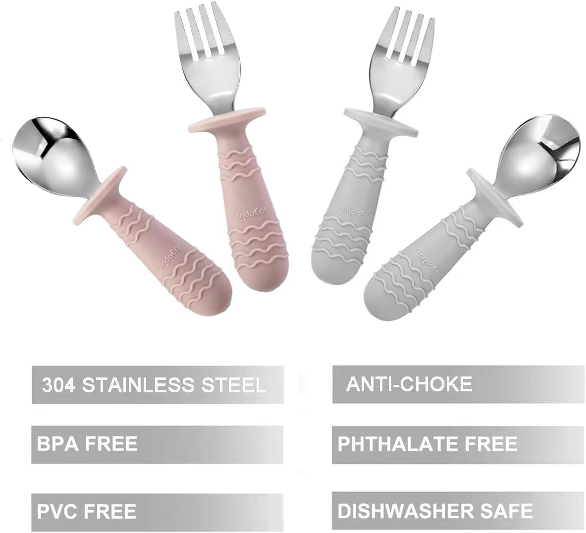 PandaEar 4 Set Baby Toddler Silicone Stainless Steel Utensils Silverware Spoon Fork for Baby Toddler BPA Free with Silicone Holding Anti-Choke Design (Pink&Grey)