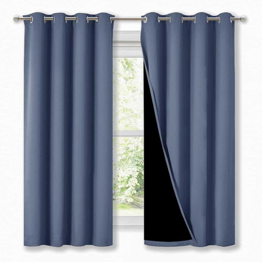 NICETOWN Extra Long Truly Blackout Drapes for Hall and Villa, 46" Width Each Panel, 45" Length, Stone Blue, 2 Pieces, 100% Blackout Window Curtain Panels with Black Lined for Night Shift Worker