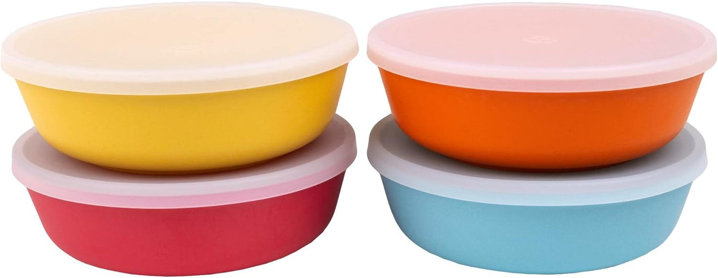 WeeSprout Bamboo Kids Bowls with Lids, Set of Four 15 oz Kid-Sized Bamboo Bowls, Bamboo Kid Bowls with Lids for Leftovers, Dishwasher Safe (Blue, Yellow, Orange, & Red)