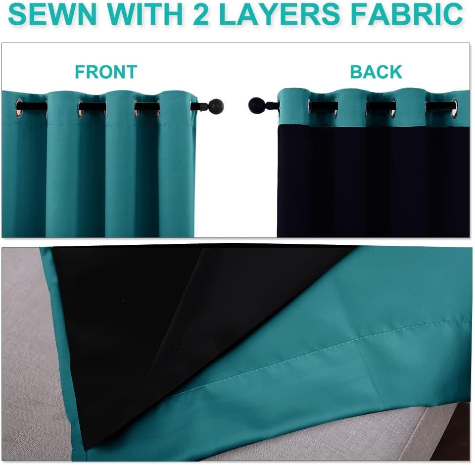 NICETOWN 100% Blackout Short Curtains with Black Liners, 2 Panels, 37" W by 40" L, Peacock Teal, Solid Thermal Insulated Full Blackout 2-Layer Lined Drapes, Energy Efficiency Window Drapes for Bedroom
