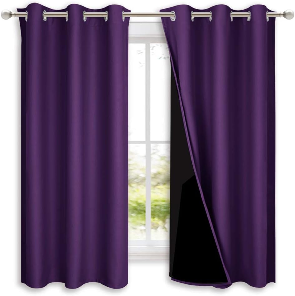 NICETOWN 100% Blackout Room Warming Curtains 45 inches Long, Royal Purple, 2 Panels, 42-inch W, Thermal Insulated Full Blackout 2-Layer Lined Curtains, Energy Efficiency Window Drapes for Dining Room