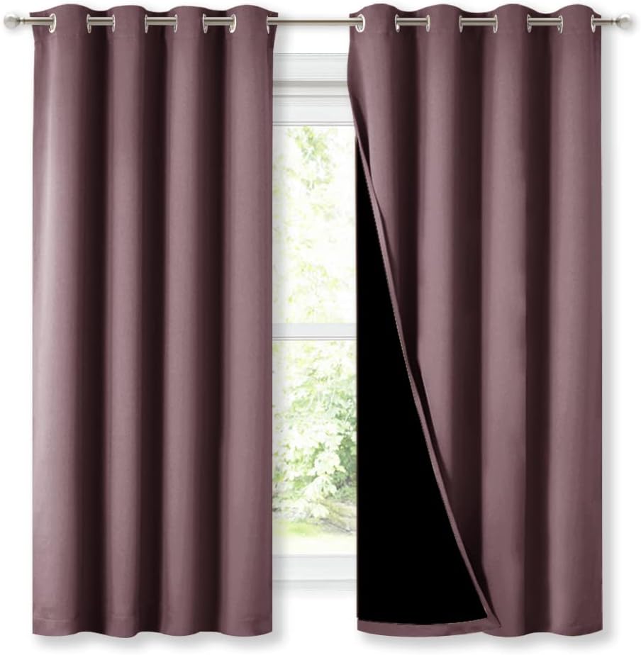 NICETOWN Extra Long Truly Blackout Drapes for Hall and Villa, 46-inch Width Each Panel, 45-inch Length, Dry Rose, 2 Pieces, 100% Blackout Window Curtain Panels with Black Lined for Night Shift Worker