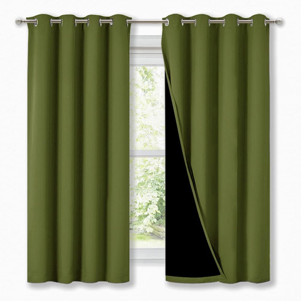 NICETOWN 100% Blackout Curtain Panels, Thermal Insulated Black Liner Curtains for Nursery Room, Noise Reducing and Cold Blocking Drapes for Windows (2 PCs, Olive Green, 52-inch Wide by 63-inch Long)