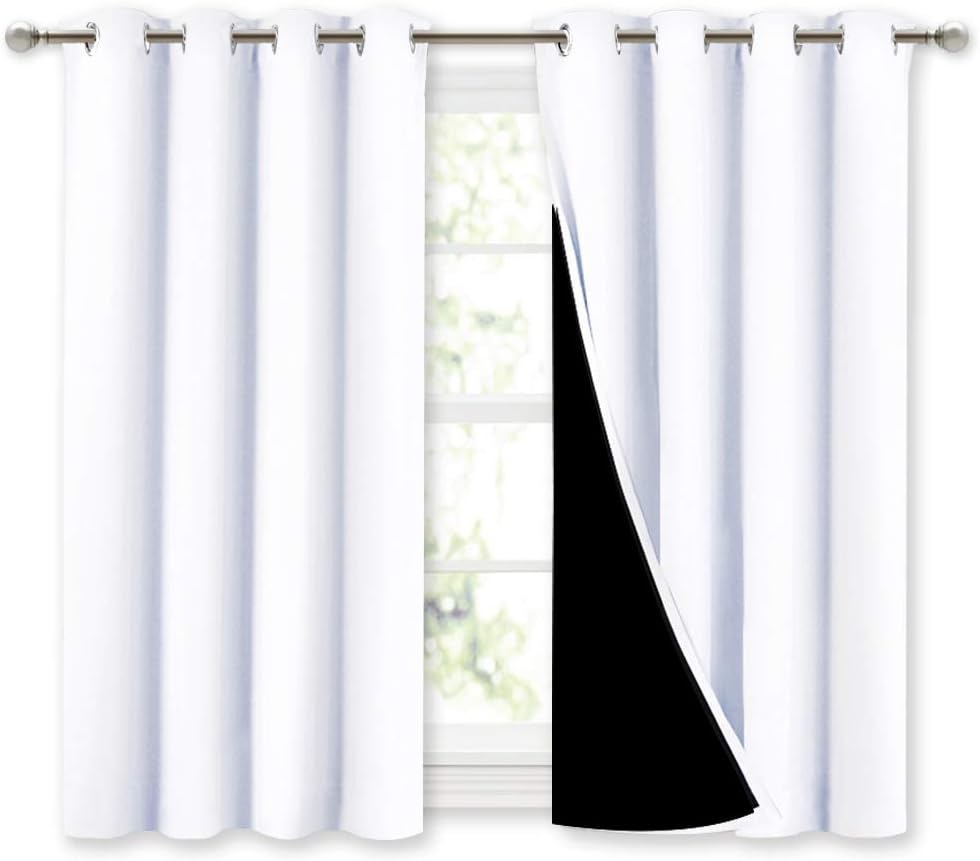 NICETOWN White 100% Blackout Curtains 45 inches Long, 2 Thick Layers Completely Blackout Window Treatment Thermal Insulated Lined Drapes for Small Window (1 Pair, 52 inches Width Each Panel)