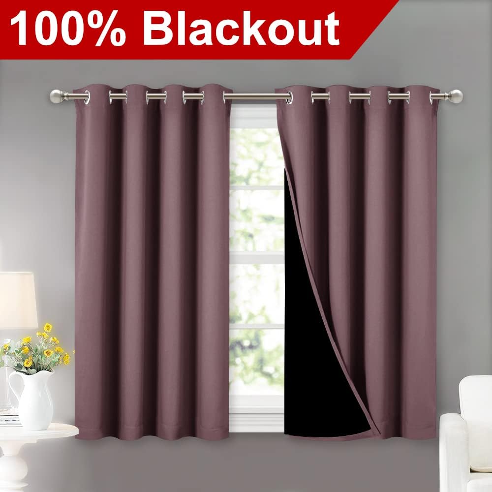 NICETOWN Dry Rose 100% Blackout Curtains 45 inches Long, 2 Thick Layers Completely Blackout Window Treatment Thermal Insulated Lined Drapes for Small Window (1 Pair, 52 inches Width Each Panel)