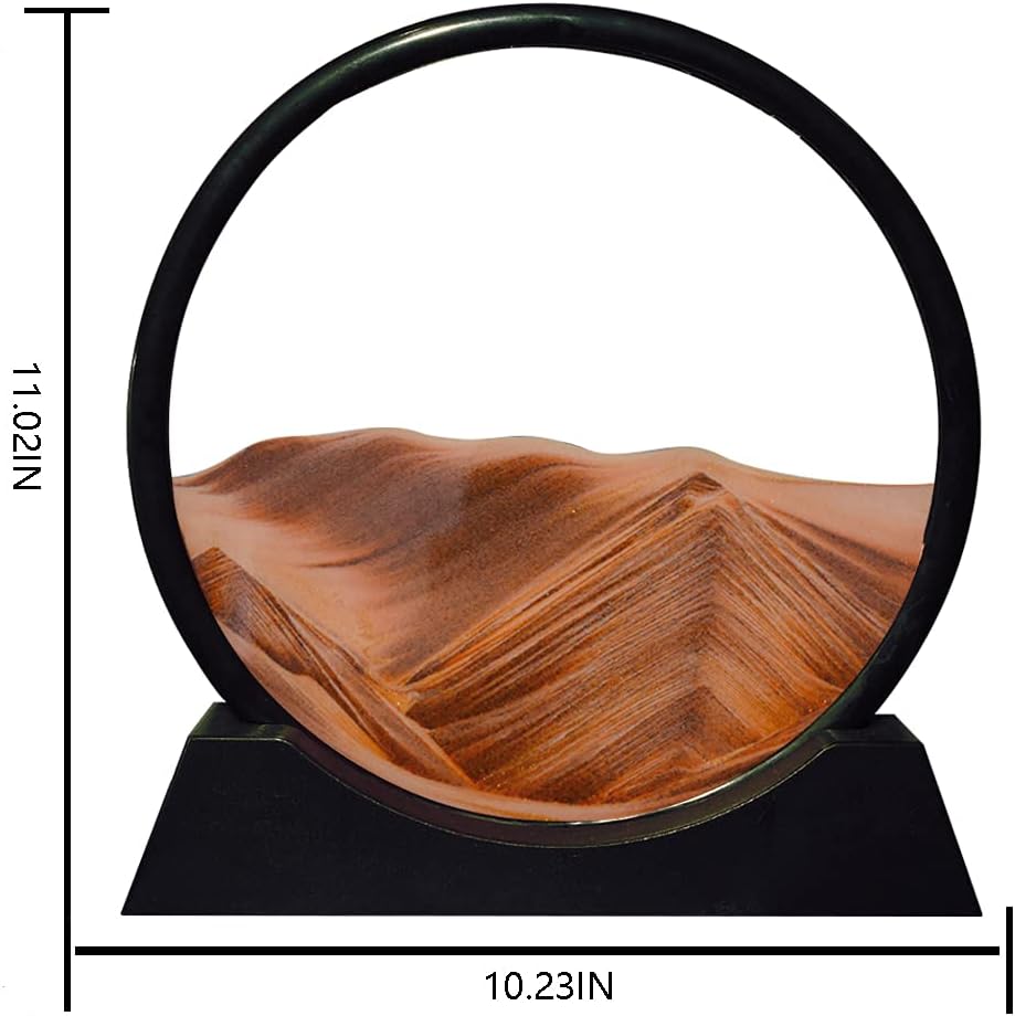 Aoderun Moving Sand Art Picture Round Glass 3D Deep Sea Sandscape in Motion Display Flowing Sand Frame Relaxing Desktop Home Office Work Decor (12", Orange)