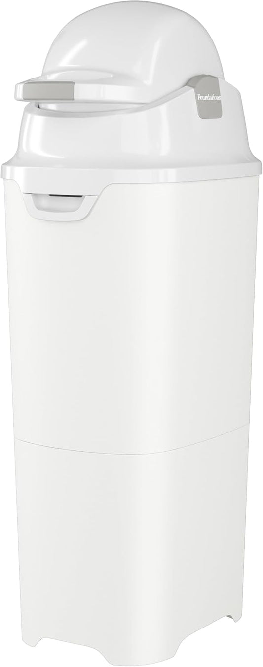 Foundations Tall Diaper Pail with Airtight Lid - Durable & Odorless Diaper Disposal, Large Capacity, Holds up to 60 Newborn Diapers, Refill with Any Bags - White