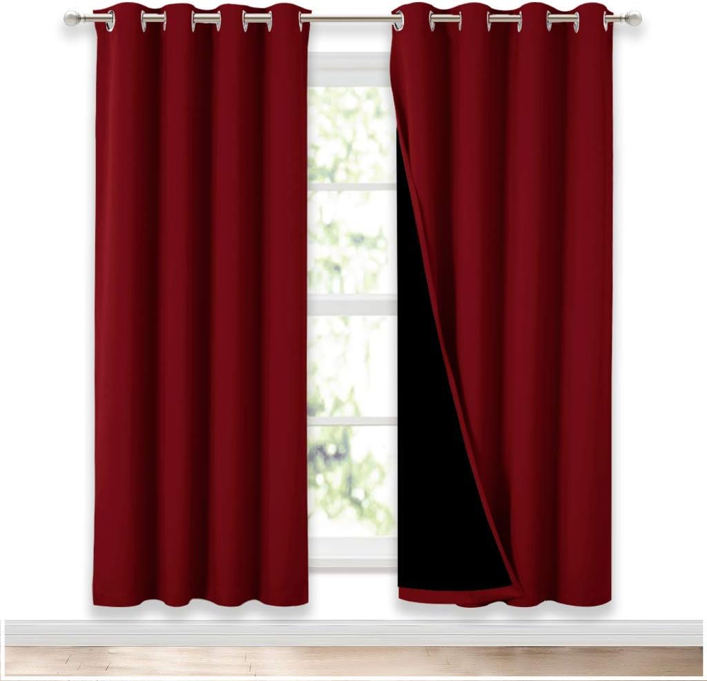 NICETOWN Living Room Completely Shaded Draperies, Privacy Protection & Noise Reducing Ring Top Drapes, Black Lined Insulated Decorative Curtain Panels(Burgundy Red, 2 Pieces, W52 x L72)