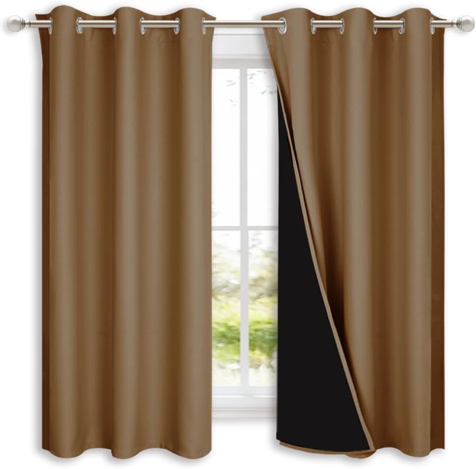 NICETOWN 100% Blackout Short Curtains with Black Liners, 2 Panels, 37" W by 50" L, Gold Brown, Solid Thermal Insulated Full Blackout 2-Layer Lined Drapes, Energy Efficiency Window Drapes for Bedroom