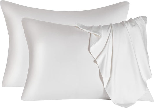 2 Pcs Mulberry Silk Pillowcase for Hair and Skin,Cooling Silk Pillow Case with Hidden Zipper,Allergen Proof Dual Sides Soft Breathable Smooth Silk Pillow Cover for Women(Queen-2PCS,White)