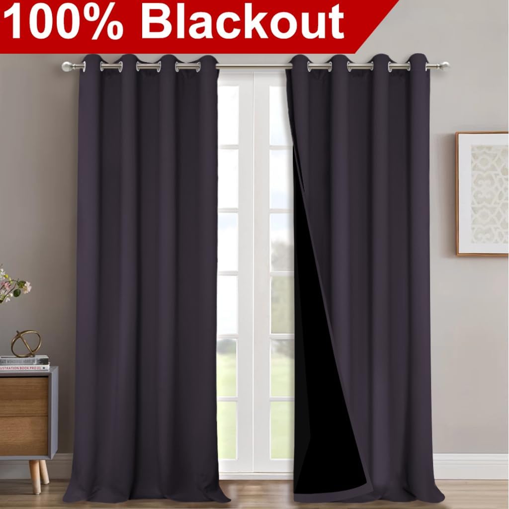 NICETOWN Full Shading Curtains 90" Long 2 Panels Set for Windows, Greyish Purple, Pack of 2, 52" W, Super Heavy-Duty Black Lined Blackout Curtains for Bedroom, Privacy Assured Window Treatment
