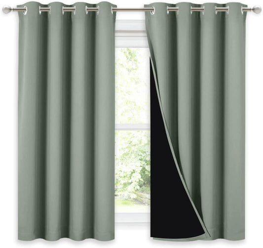 NICETOWN 100% Blackout Curtains 54 inches Long, Double-Deck Completely Blackout Window Treatment Thermal Insulated Lined Drapes for Small Window (Greyish Green, 1 Pair, 52 inches Width Each Panel)