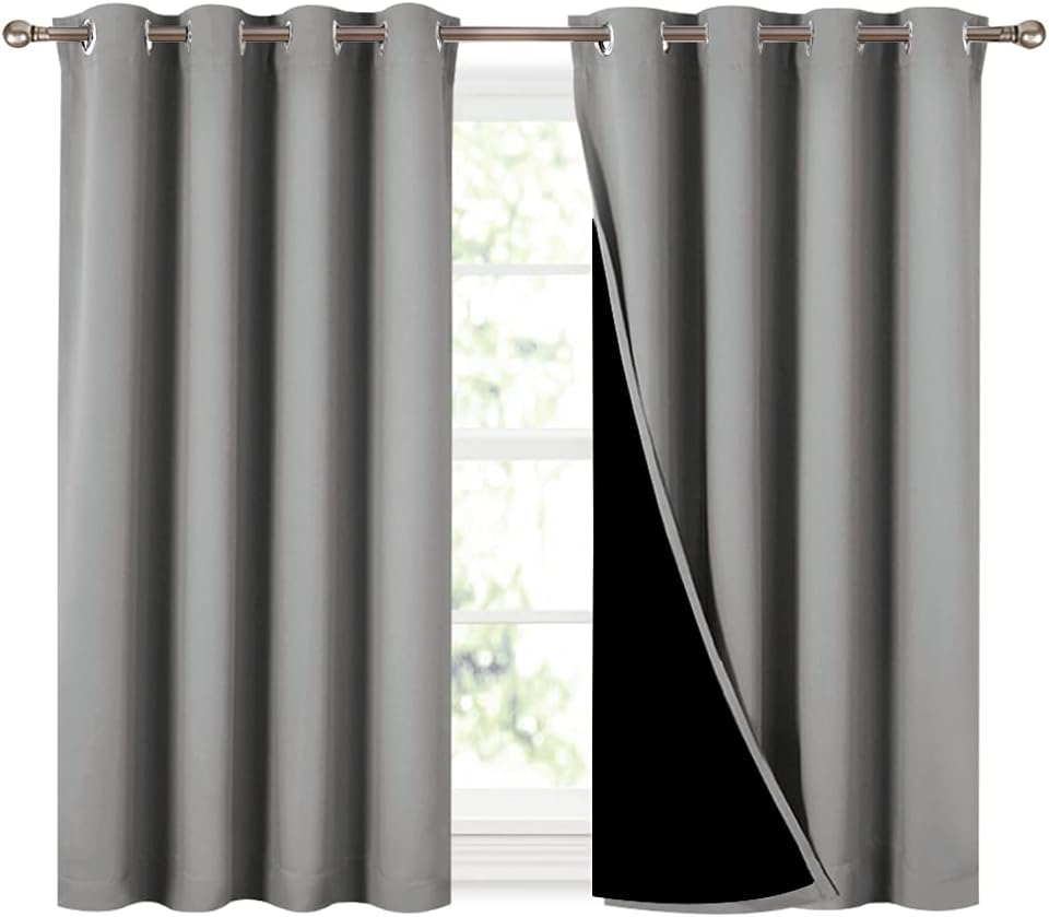 NICETOWN 100% Blackout Curtains with Black Liners, Thermal Insulated Full Blackout 2-Layer Curtains, Energy Efficiency Window Draperies for Dining Room (Silver Grey, 2 Panels, 52-inch W by 45-inch L)