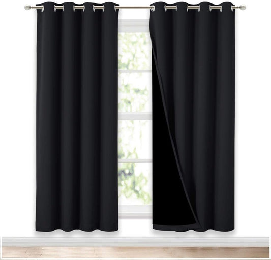 NICETOWN 100% Blackout Window Curtain Panels, Full Light Blocking Drapes with Black Liner for Nursery, 72 inches Drop Thermal Bedroom Drapes and Curtains (Black, 2 Pieces, 52 inches Wide Per Panel)