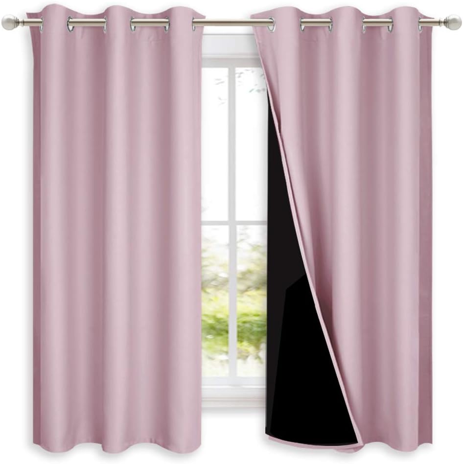 NICETOWN 100% Blackout Short Curtains with Black Liners, 2 Panels, 37" W by 63" L, Baby Pink, Solid Thermal Insulated Full Blackout 2-Layer Lined Drapes, Energy Efficiency Window Draperies for Bedroom