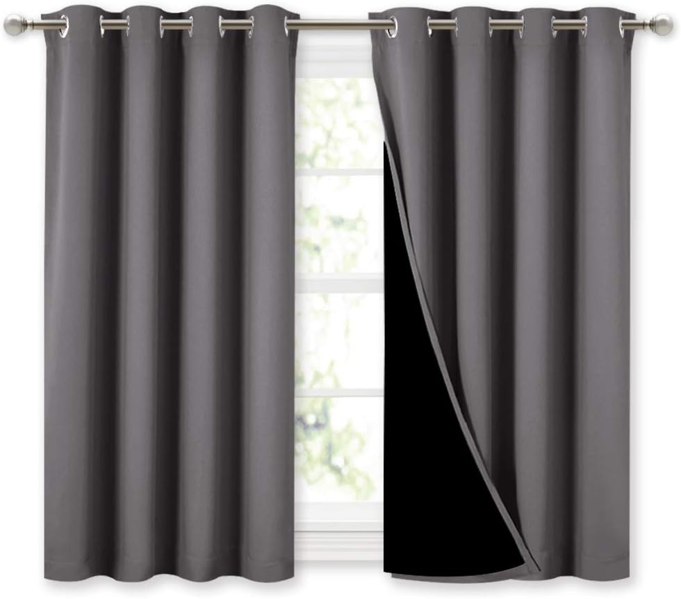 NICETOWN 100% Blackout Curtains with Black Liners, Thermal Insulated Full Blackout 2-Layer Lined Curtains, Energy Efficiency Window Draperies for Dining Room (Grey, 2 Panels, 52-inch W by 45-inch L)