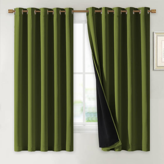 NICETOWN 100% Blackout Lined Curtains, Olive Green, 1 Pair, 70" Width x 63" Length Each Panel, 2 Thick Layers Completely Blackout Window Treatment Thermal Insulated Drapes for Kitchen/Bedroom