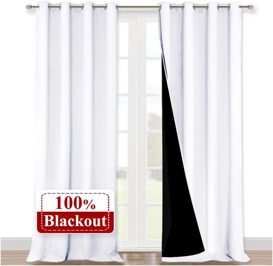 NICETOWN White 100% Blackout Curtains for Windows, Pack of 2, 52 inches W x 120 inches L, Super Heavy-Duty Black Lined Total Darkness Drapes for Bedroom, Privacy Assured Window Treatment for Patio
