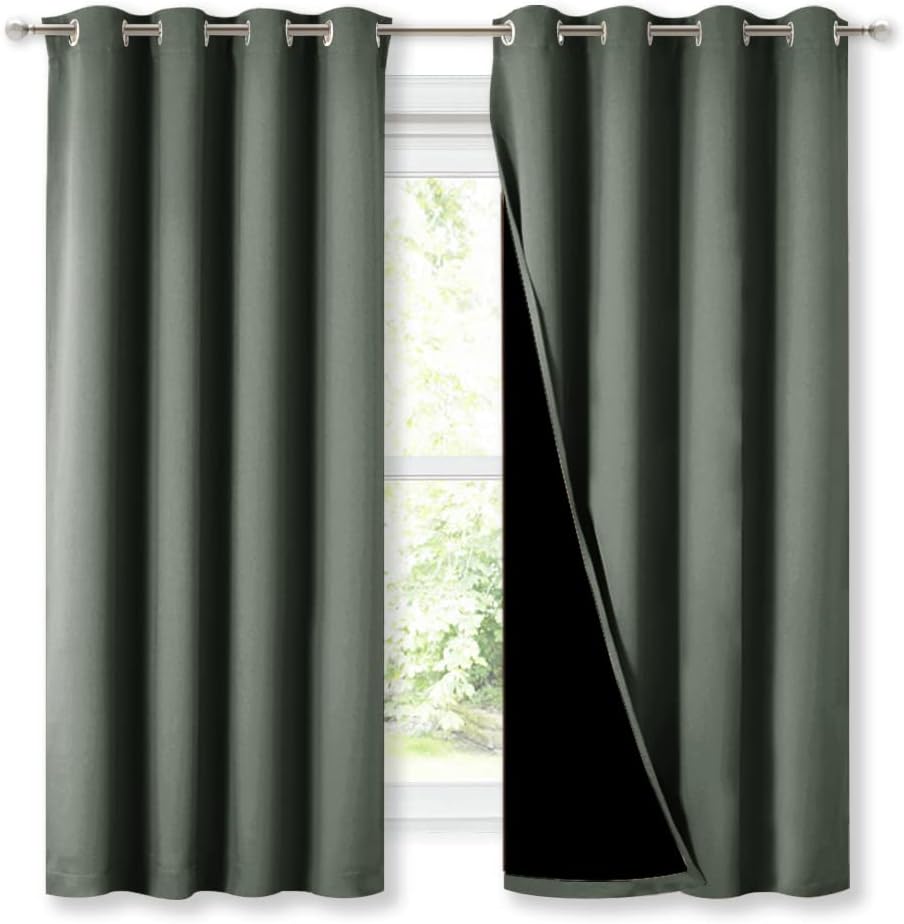 NICETOWN Dark Mallard 100% Blackout Lined Curtains, 2 Thick Layers Completely Blackout Window Treatment Thermal Insulated Drapes for Kitchen/Bedroom (1 Pair, 52" Width x 63" Length Each Panel)