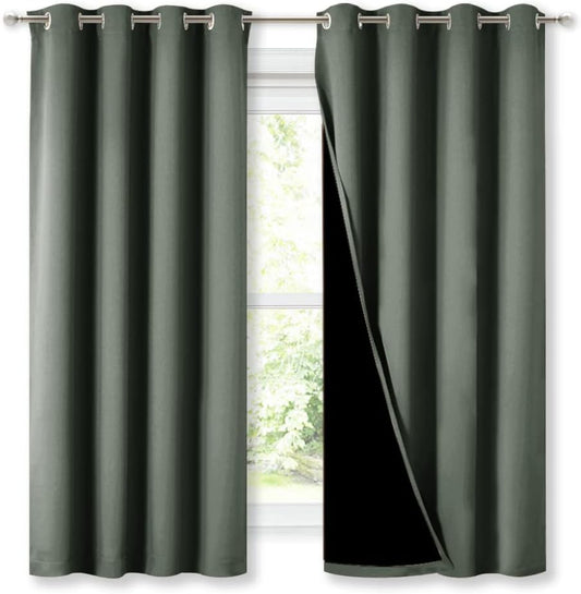 NICETOWN Dark Mallard 100% Blackout Lined Curtains, 2 Thick Layers Completely Blackout Window Treatment Thermal Insulated Drapes for Kitchen/Bedroom (1 Pair, 52" Width x 63" Length Each Panel)
