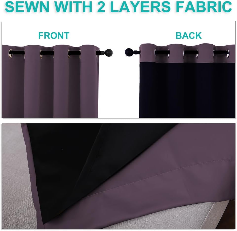 NICETOWN 100% Blackout Lined Curtains, Plum, 1 Pair, 42" Width x 63" Length Each Panel, 2 Thick Layers Completely Blackout Window Treatment Panels Thermal Insulated Drapes for Kitchen