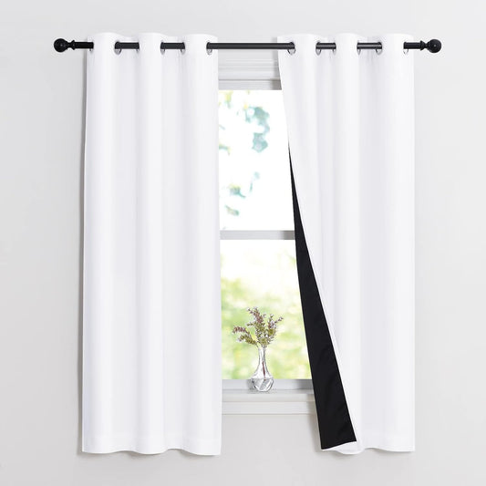 NICETOWN Pure White 100% Blackout Lined Curtains, 2 Thick Layers Narrow Wide Window Treatment Panels Thermal Insulated Drapes for Kitchen Small Window (1 Pair, 37" Width x 63" Length Each Panel)