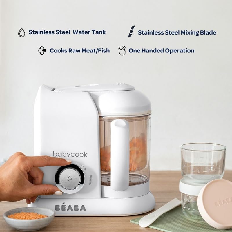 BEABA Babycook Solo 4 in 1 Baby Food Maker, Puree Steamer and Blender for Purees, Grinder with Auto Steam Cooking, Lrg Capacity 4.5 Cups 27 Servings in 20 Mins, Rose Gold