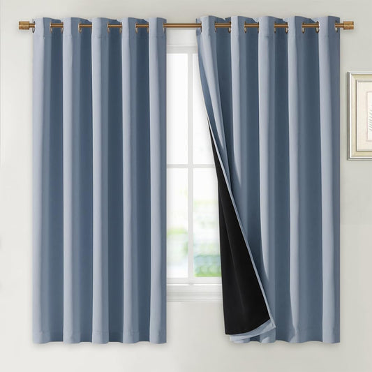 NICETOWN 100% Blackout Lined Curtains, Vintage Blue, 1 Pair, 62" Width x 63" Length Each Panel, 2 Thick Layers Completely Blackout Window Treatment Thermal Insulated Drapes for Kitchen/Bedroom