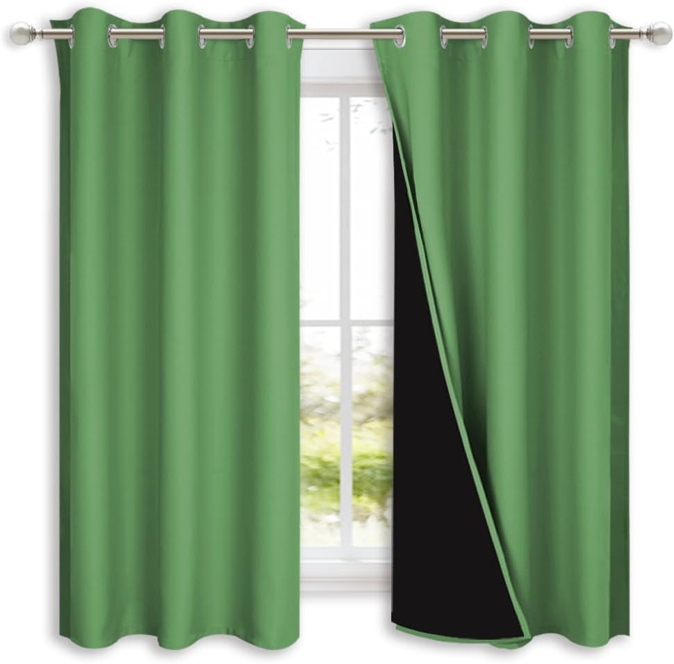 NICETOWN 100% Blackout Short Curtains with Black Liners, 2 Panels, 37" W by 50" L, Forest Green, Solid Thermal Insulated Full Blackout 2-Layer Lined Drapes, Energy Efficiency Window Drapes for Bedroom