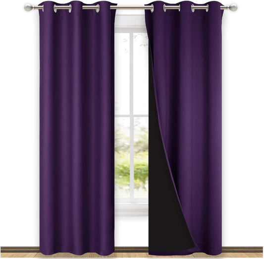 NICETOWN Cold Blocking 100% Blackout Curtains with Black Liner Backing, Thermal Insulated Curtains for Living Room, Noise Reducing Drapes, Royal Purple, 42" Wide x 84" Long Per Panel, Set of 2 Panels