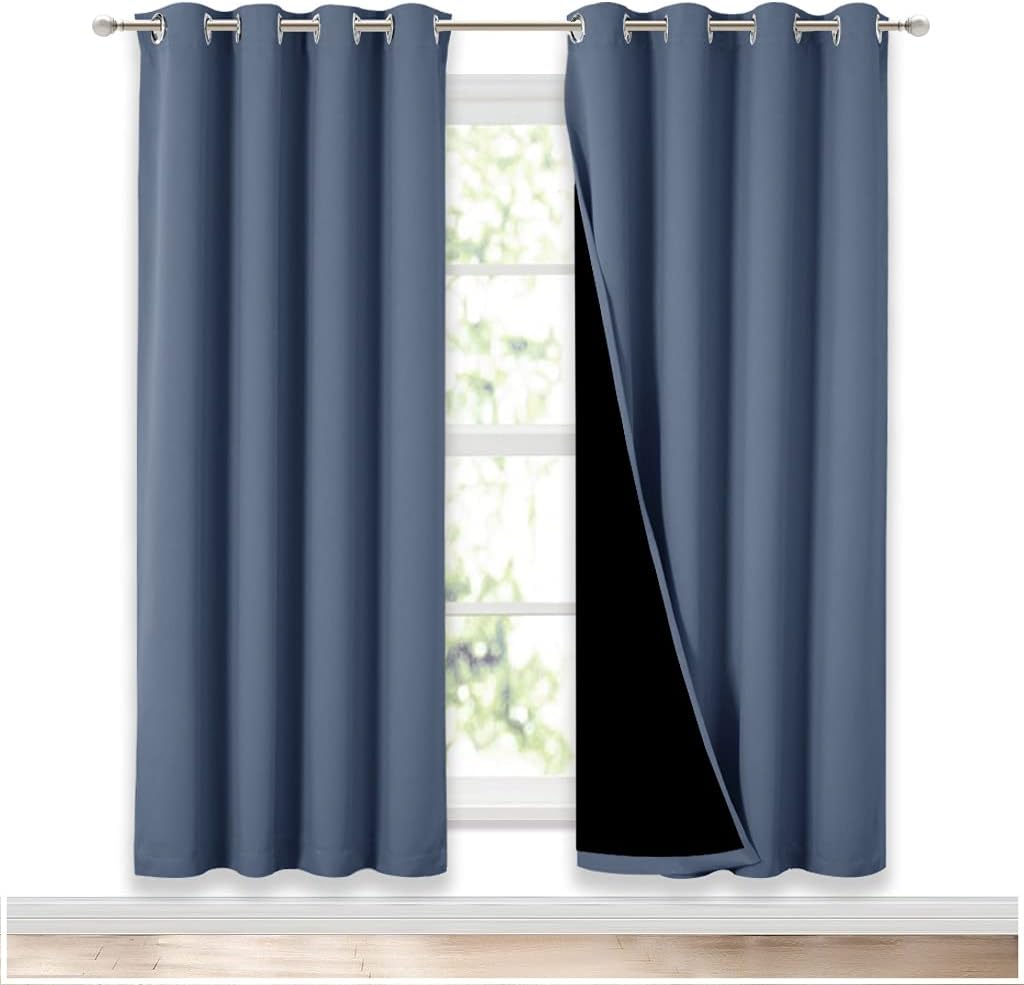 NICETOWN Full Shade Curtain Panels 72 inches Long, Pair of Energy Smart & Noise Blocking Out Blackout Drapes for Guest Room Window, Thermal Insulated Lined Window Dressing (Stone Blue, 52x72)