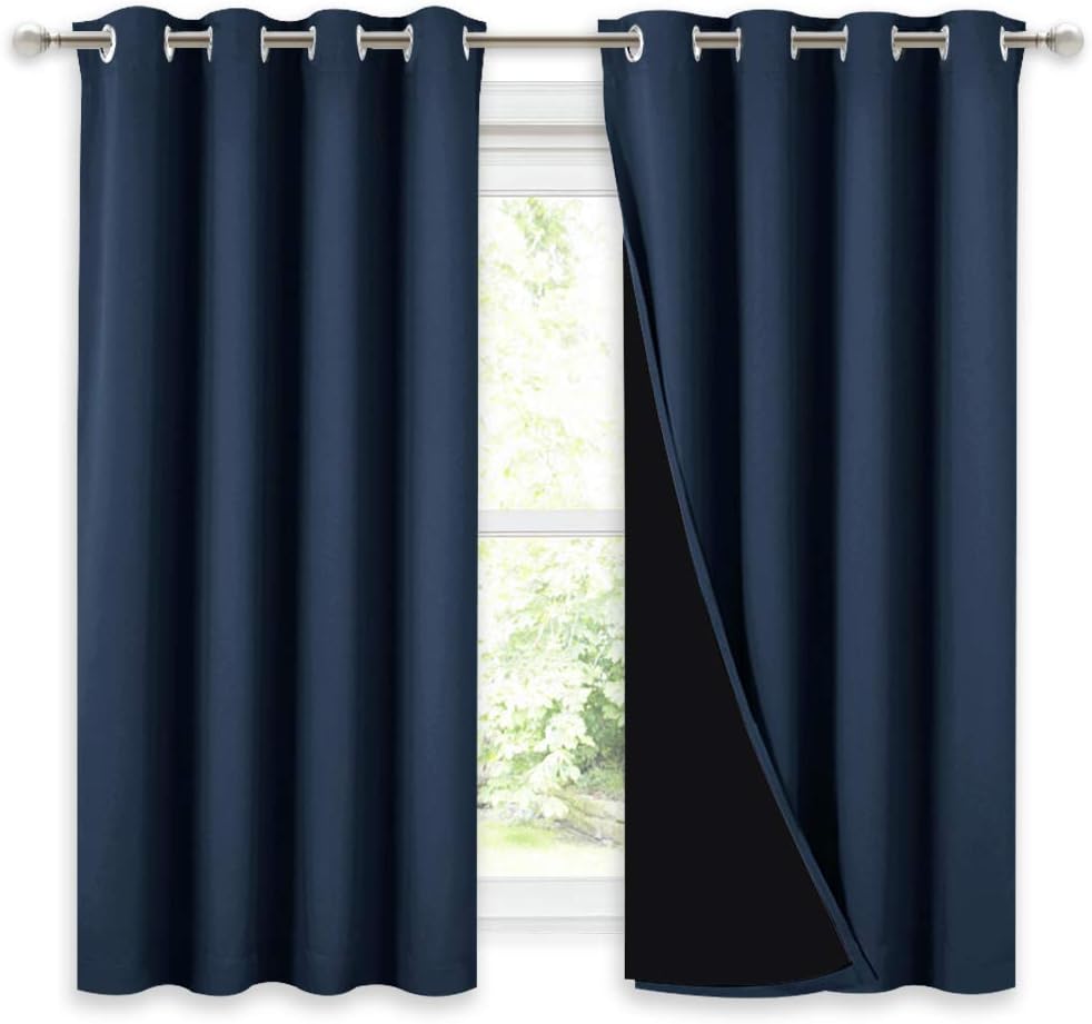 NICETOWN 100% Blackout Curtains with Black Liners, Thermal Insulated 2-Layer Lined Drapes, Energy Efficiency Small Window Draperies for Dining Room (Navy Blue, 2 Panels, 52 inches W by 54 inches L)