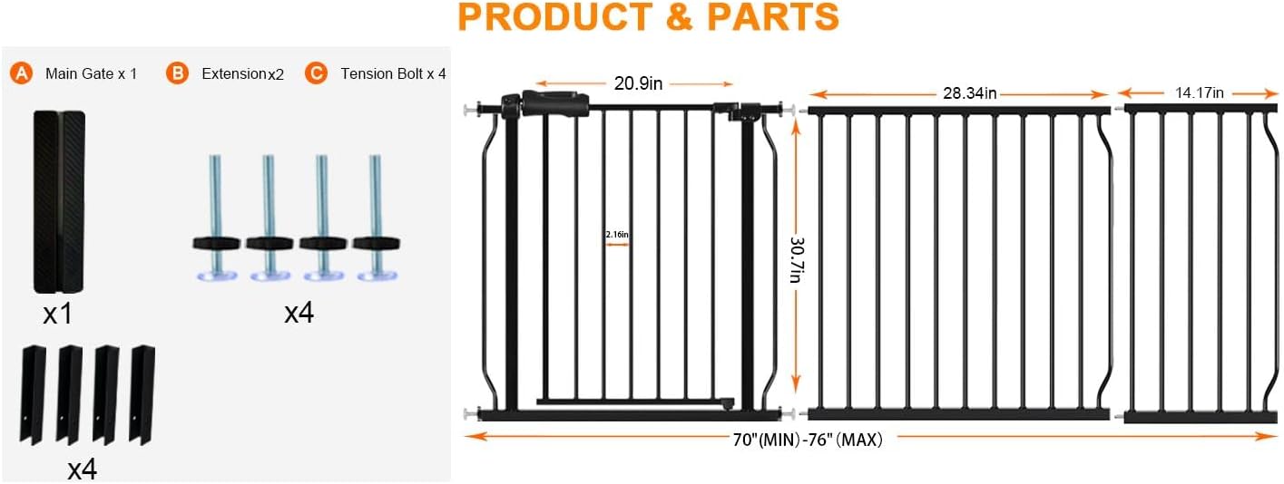 HOOEN 30" Tall Extra Wide Baby Gates 67 to 71.5 Inch Large Long Pressure Mounted Dog Gate for Doorways Stairs Child Safety Gates Tension Baby Gate Indoor Walk Through Gate for Kids or Pets