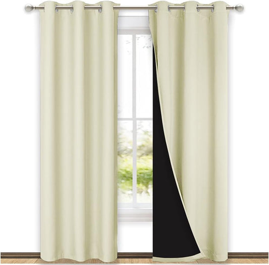 NICETOWN Living Room Completely Shaded Draperies, Privacy Protection & Noise Reducing Black Lined Insulated Window Treatment Curtain Panels for Patio Door (Beige, Set of 2, W42 x L84)