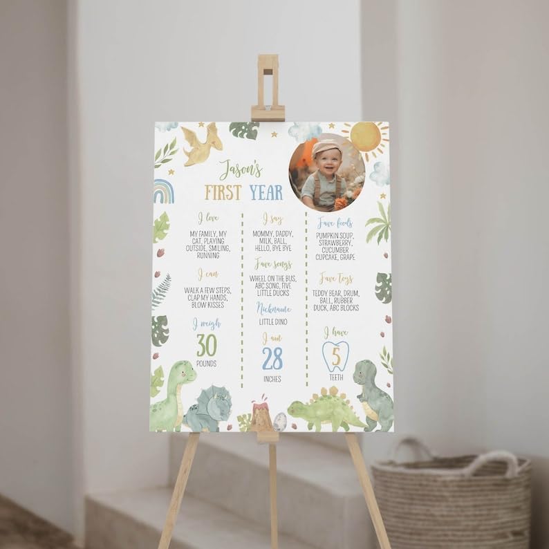 Generic Dinosaur First Birthday Milestone Sign, Dinosaur 1St Birthday Photo Milestone Poster, Dino First Birthday Board, Design 02