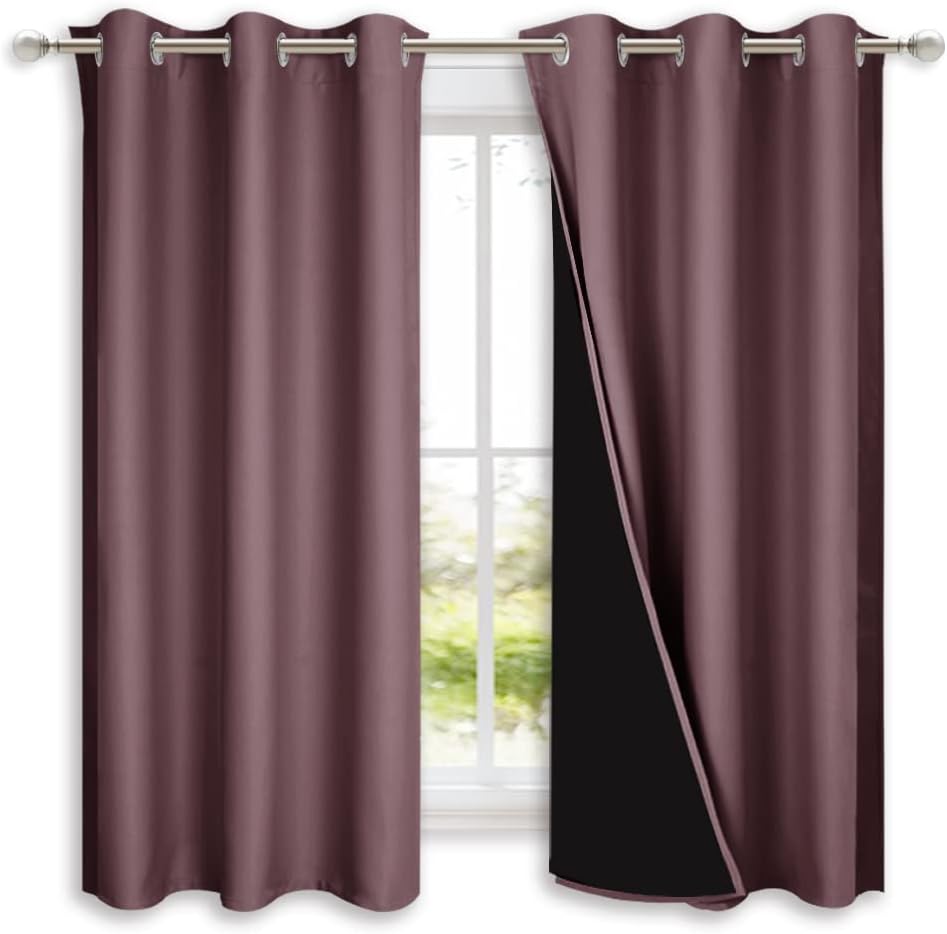 NICETOWN 100% Blackout Short Curtains with Black Liners, 2 Panels, 37" W by 50" L, Dry Rose, Solid Thermal Insulated Full Blackout 2-Layer Lined Drapes, Energy Efficiency Window Drapes for Bedroom