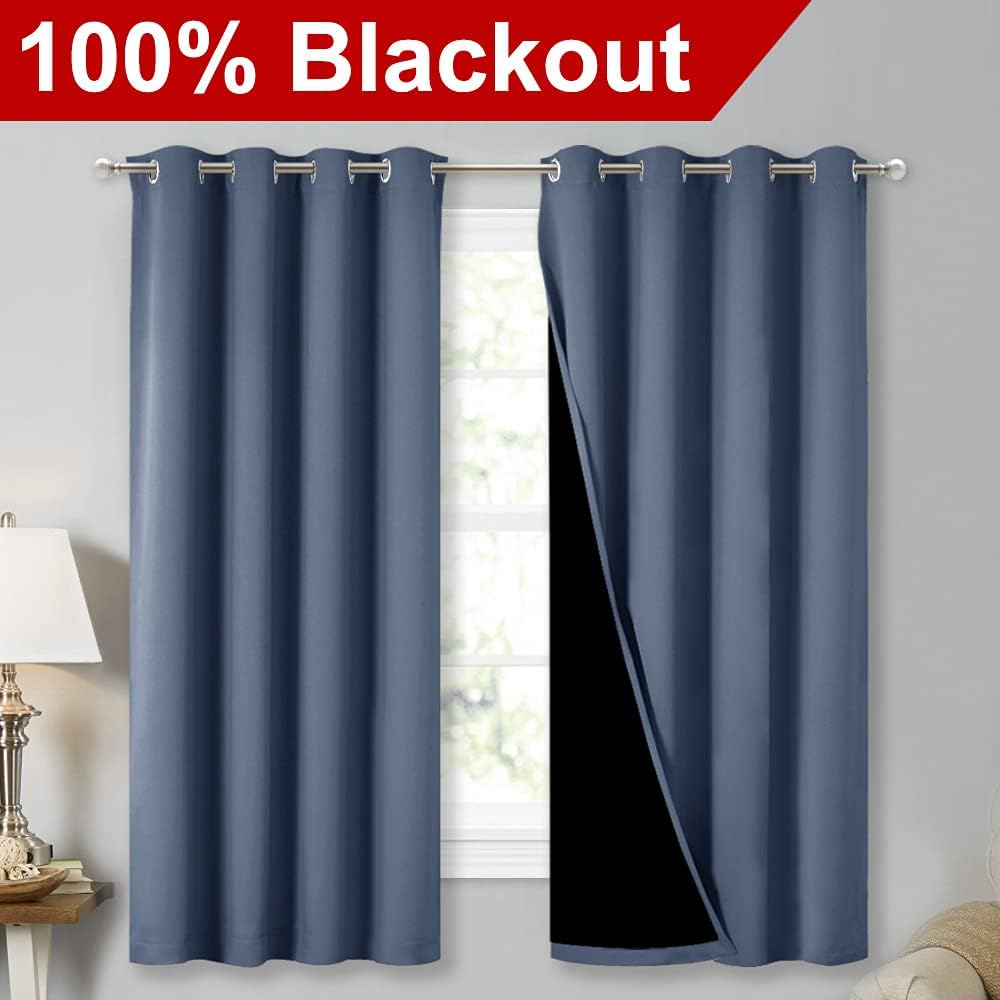 NICETOWN Extra Long Truly Blackout Drapes for Hall and Villa, 46" Width Each Panel, 45" Length, Stone Blue, 2 Pieces, 100% Blackout Window Curtain Panels with Black Lined for Night Shift Worker