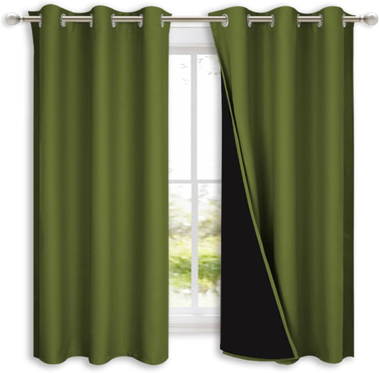 NICETOWN 100% Blackout Short Curtains with Black Liners, 2 Panels, 37" W by 63" L, Olive Green, Solid Thermal Insulated Full Blackout 2-Layer Lined Drapes, Energy Efficiency Window Drapes for Bedroom
