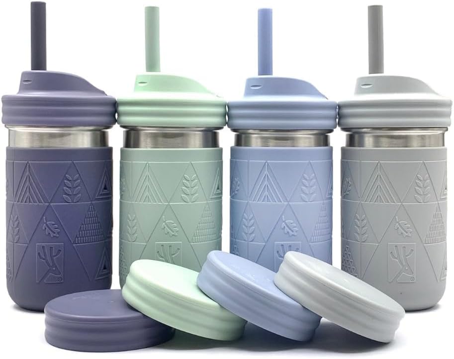 Elk and Friends 14oz Stainless Steel Kids + Toddler Drinking Cups | The Original Mason Jars with Lids + Sleeves + Straws | Smoothie Cups | Spill Resistant | Dishwasher Safe | 4 Pack