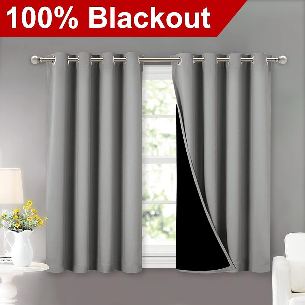 NICETOWN 100% Blackout Curtains with Black Liners, Thermal Insulated Full Blackout 2-Layer Curtains, Energy Efficiency Window Draperies for Dining Room (Silver Grey, 2 Panels, 52-inch W by 45-inch L)