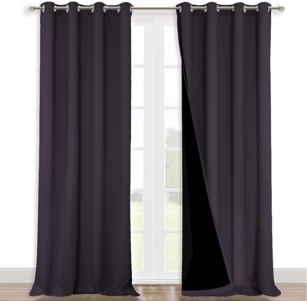 NICETOWN Full Shading Curtains 90" Long 2 Panels Set for Windows, Greyish Purple, Pack of 2, 52" W, Super Heavy-Duty Black Lined Blackout Curtains for Bedroom, Privacy Assured Window Treatment