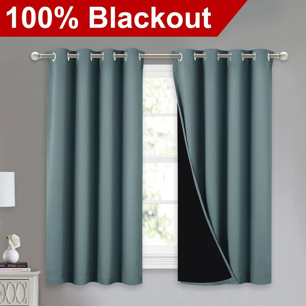 NICETOWN 100% Blackout Curtains 54 inches Long, Double-Deck Completely Blackout Window Treatment Thermal Insulated Lined Drapes for Small Window (Aqua, 1 Pair, 52 inches Width Each Panel)