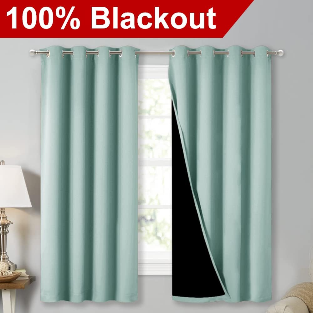 NICETOWN Aqua Blue 100% Blackout Lined Curtains, 2 Thick Layers Completely Blackout Window Treatment Thermal Insulated Drapes for Kitchen/Bedroom (1 Pair, 52" Width x 63" Length Each Panel)