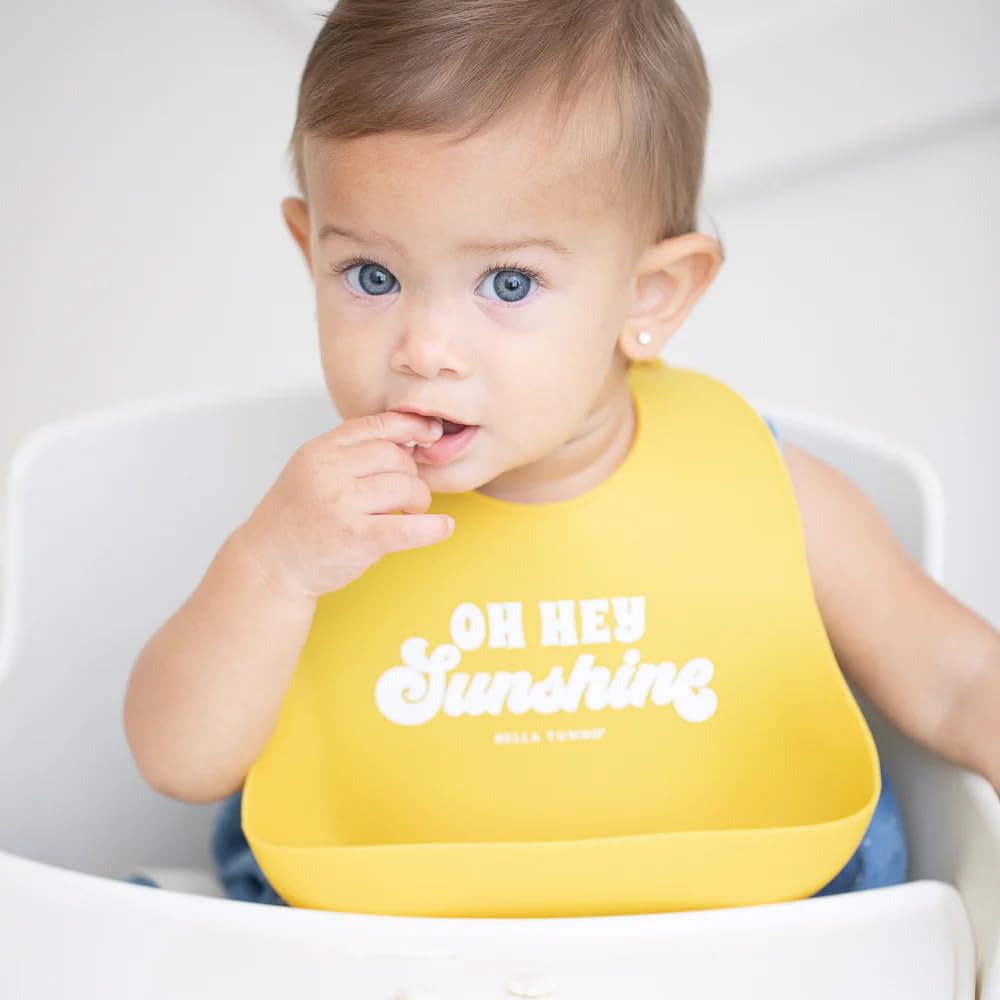 Baby Bib for Eating by Bella Tunno, Waterproof Silicone Bib with Large Food Catcher, Adjustable Fit for Babies 4-12 months & Toddlers 1-3 Years, Boys & Girls, Oh Hey Sunshine