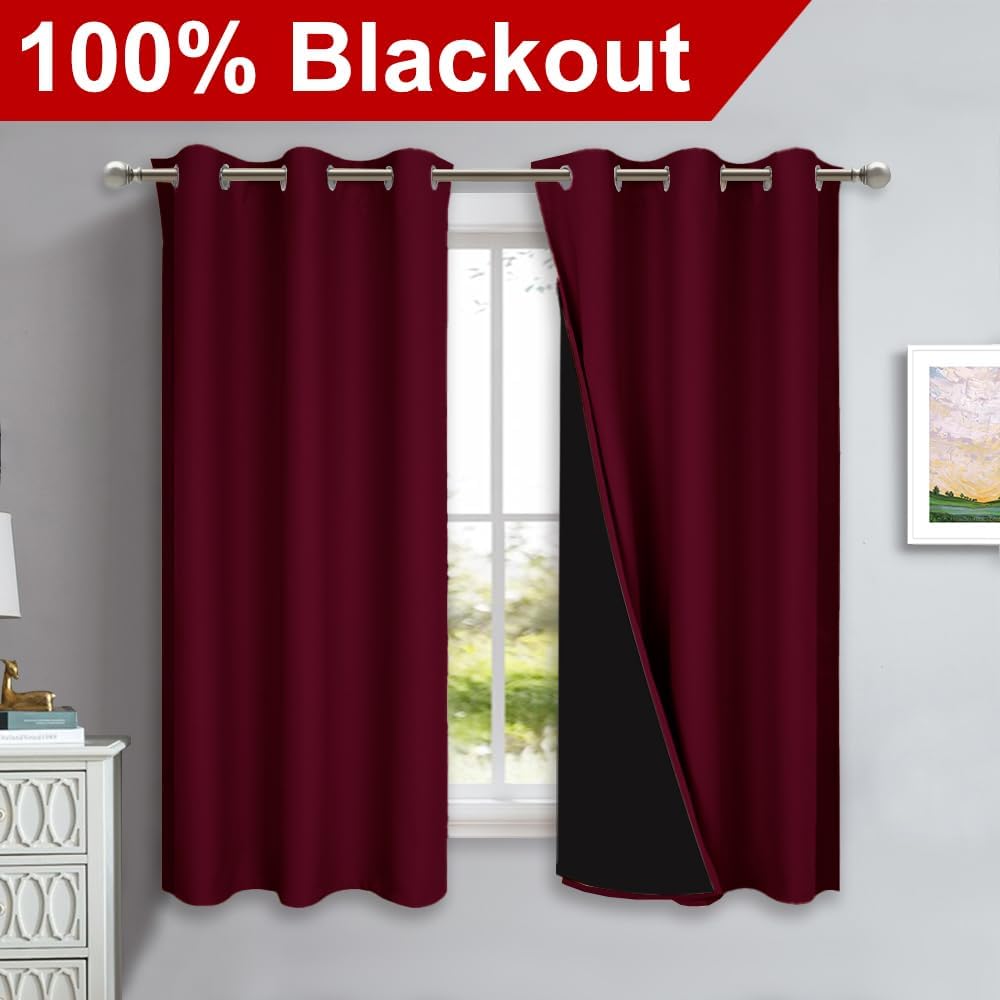 NICETOWN 100% Blackout Short Curtains with Black Liners, 2 Panels, 37" W by 60" L, Wine Red, Solid Thermal Insulated Full Blackout 2-Layer Lined Drapes, Energy Efficiency Window Draperies for Bedroom