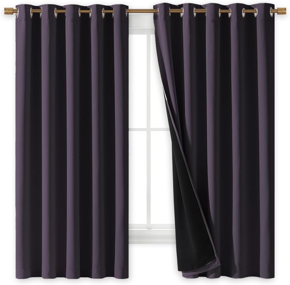 NICETOWN 100% Blackout Lined Curtains, Greyish Purple, 1 Pair, 70" Width x 63" Length Each Panel, 2 Thick Layers Completely Blackout Window Treatment Thermal Insulated Drapes for Kitchen/Bedroom