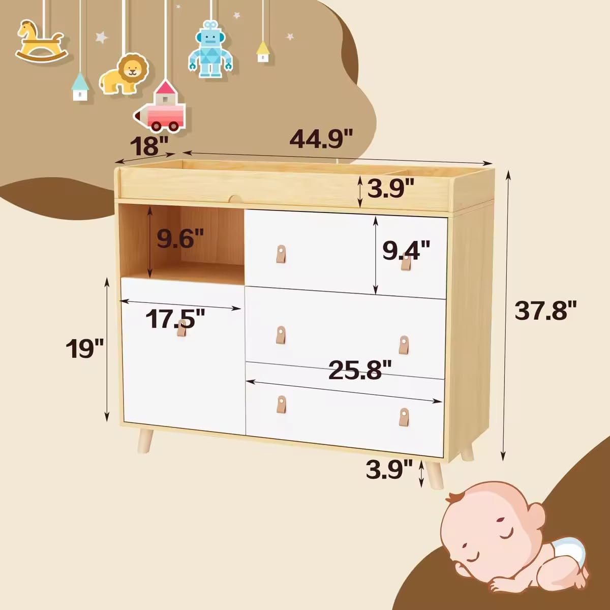 Baby Dresser Changing Table with Drawers,Shelf,Hidden Laundry Basket Storage,2 in 1 Nursery Dresser Chest for Infants, Baby Diaper Changing Station for Daycare,Bedroom,Natural