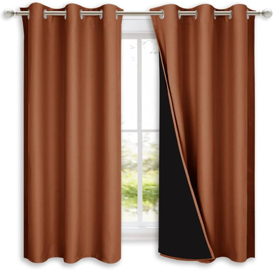 NICETOWN 100% Blackout Short Curtains with Black Liners, 2 Panels, 37" W by 50" L, Burnt Orange, Solid Thermal Insulated Full Blackout 2-Layer Lined Drapes, Energy Efficiency Window Drapes for Bedroom
